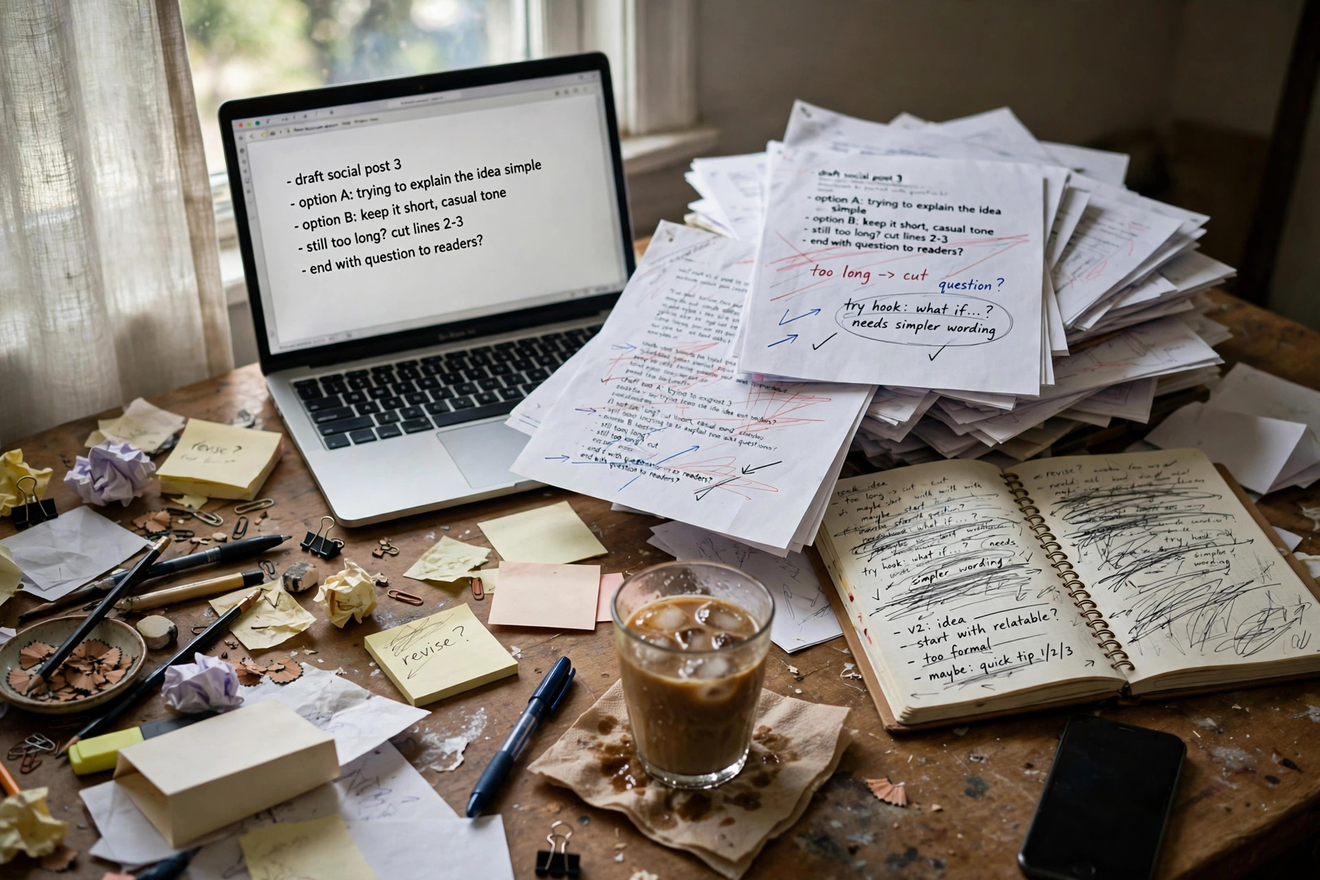Draft social posts with pen edits on a desk beside a laptop