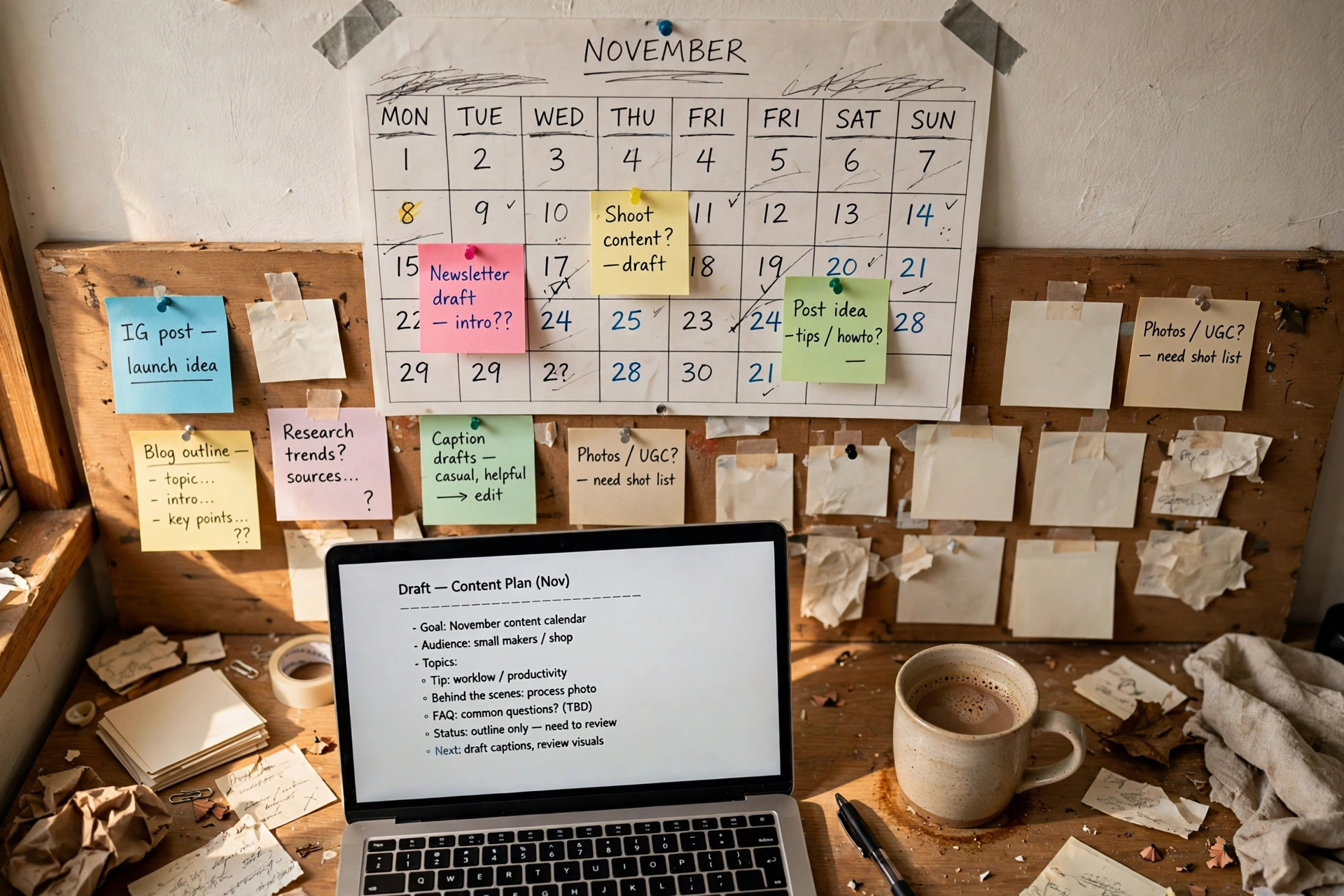 A content planning board mid-session, with a calendar and paper cards